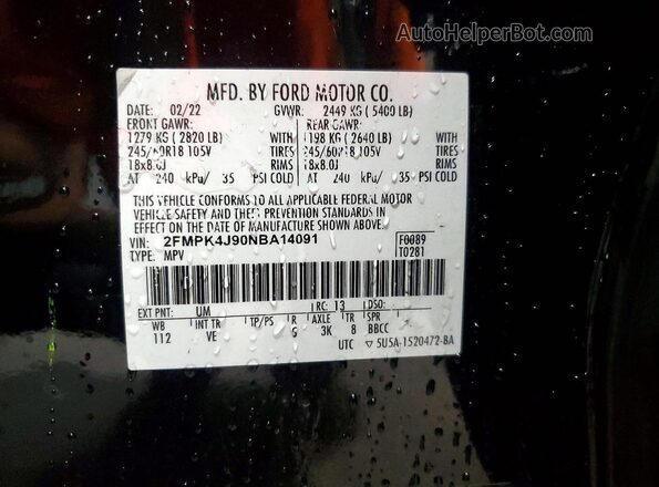 2FMPK4J90NBA14091 2022 FORD EDGE Black VIN կոդի պիտակի տեսք