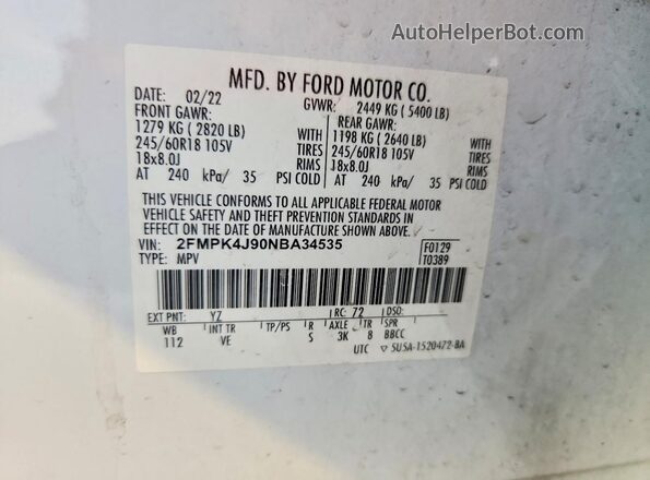 2FMPK4J90NBA34535 2022 FORD EDGE White 360 interior view