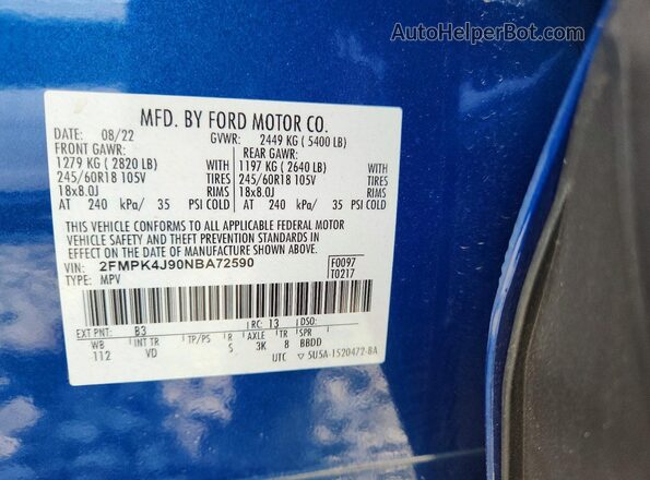 2FMPK4J90NBA72590 2022 FORD EDGE Blue Vista de la etiqueta del VIN
