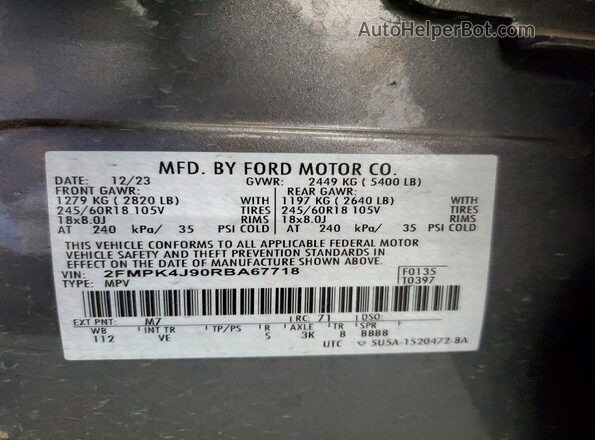 2FMPK4J90RBA67718 2024 FORD EDGE Gray VIN sticker view
