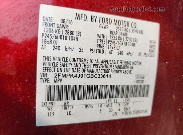 2FMPK4J91GBC33614 2016 FORD EDGE Red Vista interior de 360 grados