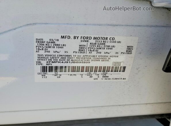 2FMPK4J91JBB95809 2018 FORD EDGE White Widok naklejki z numerem VIN