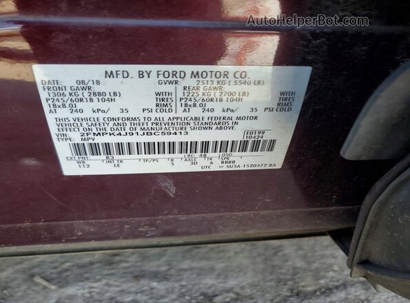 2FMPK4J91JBC59413 2018 FORD EDGE Maroon Widok naklejki z numerem VIN
