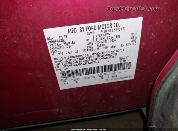 2FMPK4J91LBA07633 2020 FORD EDGE Red Вид підкапотного простору