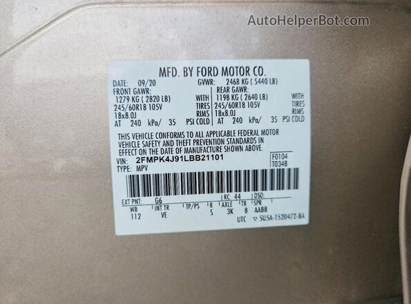 2FMPK4J91LBB21101 2020 FORD EDGE Gold VIN კოდის სტიკერის ხედი