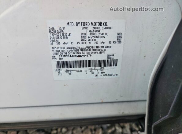 2FMPK4J91MBA64979 2021 FORD EDGE White Vista interior de 360 grados