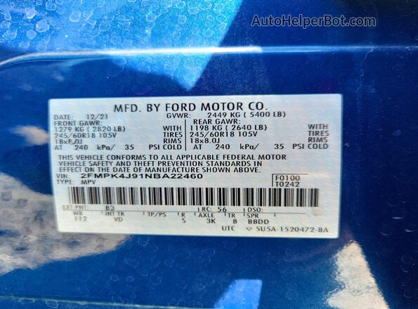 2FMPK4J91NBA22460 2022 FORD EDGE Blue Vista del compartimento del motor