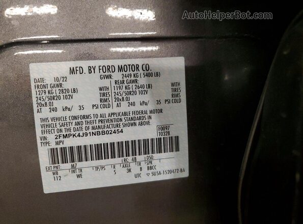 2FMPK4J91NBB02454 2022 FORD EDGE Gray VIN კოდის სტიკერის ხედი