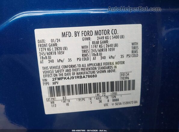 2FMPK4J91RBA78680 2024 FORD EDGE Blue ძრავის განყოფილების ხედი