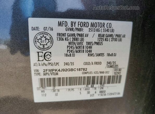 2FMPK4J92GBC18782 2016 FORD EDGE Gray Vista de la etiqueta del VIN
