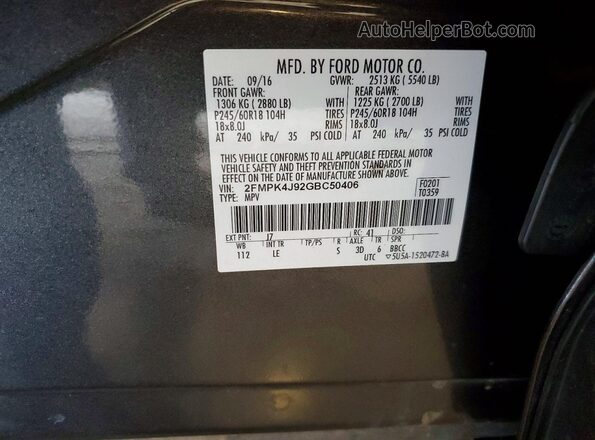 2FMPK4J92GBC50406 2016 FORD EDGE Gray VIN կոդի պիտակի տեսք