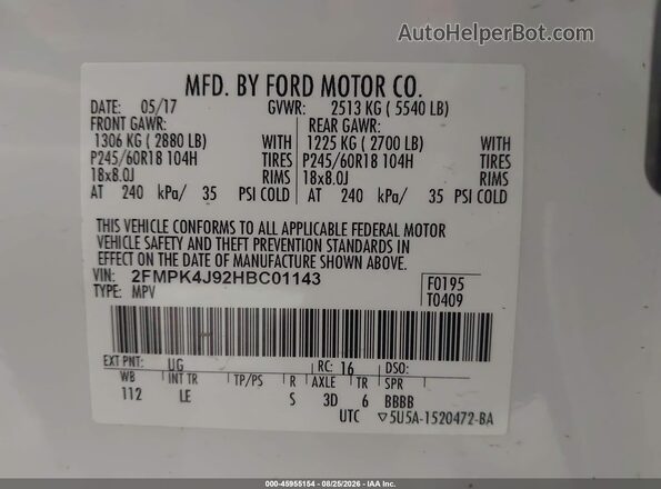 2FMPK4J92HBC01143 2017 FORD EDGE White Widok komory silnika