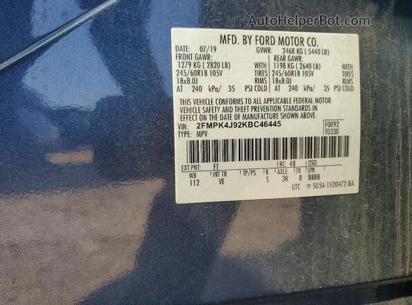 2FMPK4J92KBC46445 2019 FORD EDGE Blue Вид наклейки з VIN-кодом
