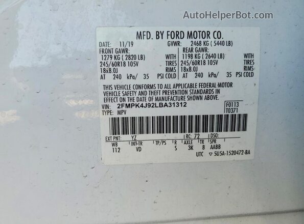 2FMPK4J92LBA31312 2020 FORD EDGE White Widok naklejki z numerem VIN