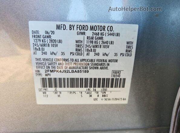 2FMPK4J92LBA85189 2020 FORD EDGE Серебряный Вид наклейки с VIN-кодом