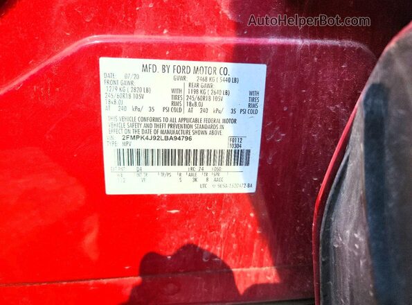 2FMPK4J92LBA94796 2020 FORD EDGE Красный Вид подкапотного пространства