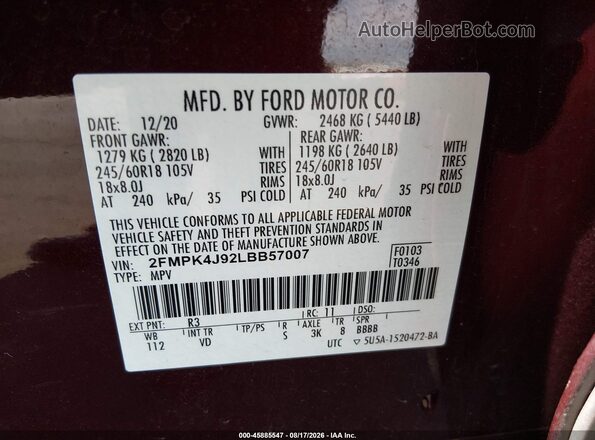2FMPK4J92LBB57007 2020 FORD EDGE Maroon Engine compartment view
