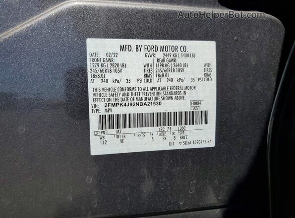 2FMPK4J92NBA21530 2022 FORD EDGE Gray VIN կոդի պիտակի տեսք
