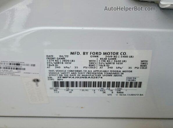 2FMPK4J92NBA52874 2022 FORD EDGE White Вид підкапотного простору