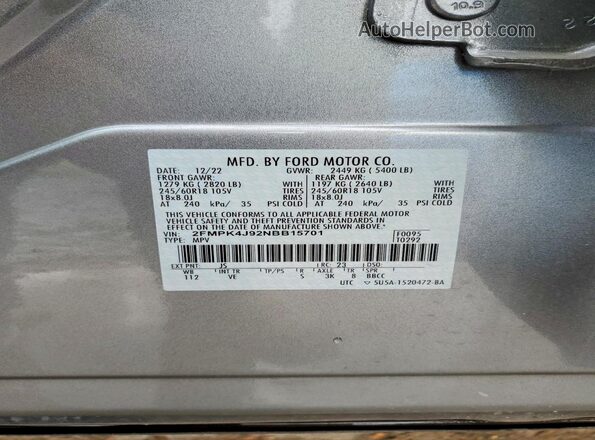 2FMPK4J92NBB15701 2022 FORD EDGE Silver Շարժիչի բաժամունքի տեսք