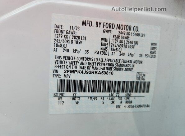 2FMPK4J92RBA50810 2024 FORD EDGE White VIN sticker view