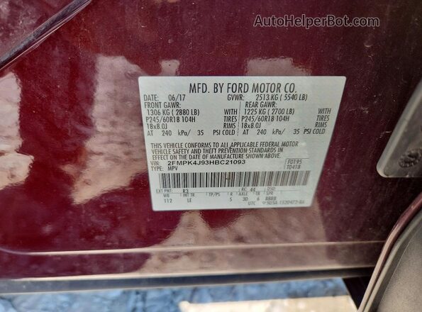 2FMPK4J93HBC21093 2017 FORD EDGE Maroon Vista de la etiqueta del VIN