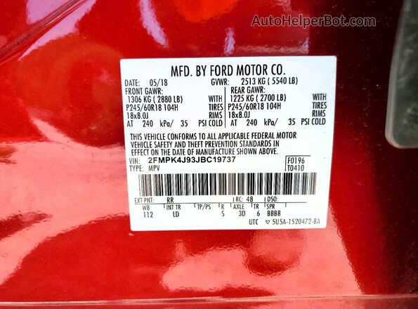 2FMPK4J93JBC19737 2018 FORD EDGE Red VIN sticker view