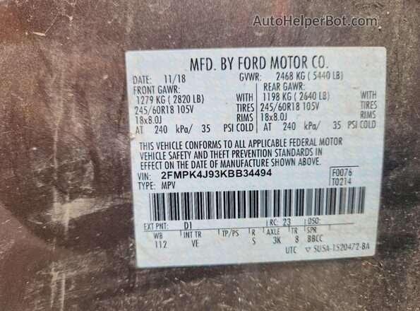 2FMPK4J93KBB34494 2019 FORD EDGE Beige Вид підкапотного простору