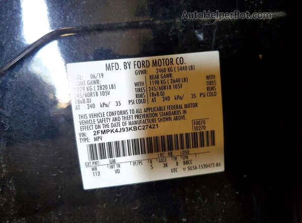 2FMPK4J93KBC27421 2019 FORD EDGE Black Շարժիչի բաժամունքի տեսք