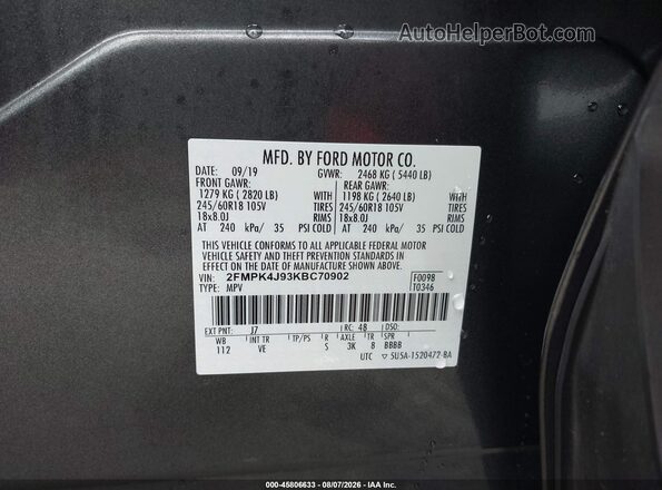 2FMPK4J93KBC70902 2019 FORD EDGE Gray Widok komory silnika