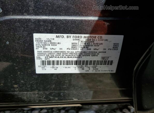 2FMPK4J93LBA29651 2020 FORD EDGE Gray Vista de la etiqueta del VIN