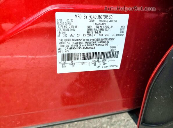 2FMPK4J93LBA68692 2020 FORD EDGE Red VIN კოდის სტიკერის ხედი