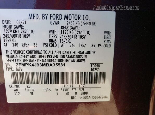 2FMPK4J93MBA35581 2021 FORD EDGE Burgundy Вид підкапотного простору
