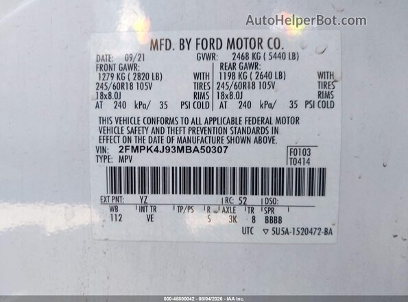 2FMPK4J93MBA50307 2021 FORD EDGE White Engine compartment view