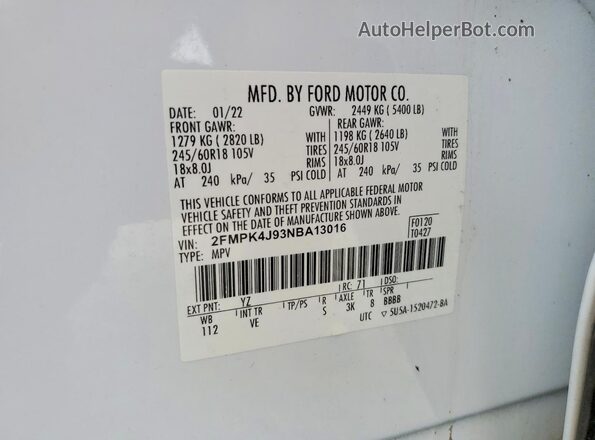 2FMPK4J93NBA13016 2022 FORD EDGE White VIN კოდის სტიკერის ხედი