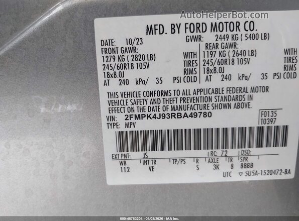 2FMPK4J93RBA49780 2024 FORD EDGE Silver Widok komory silnika