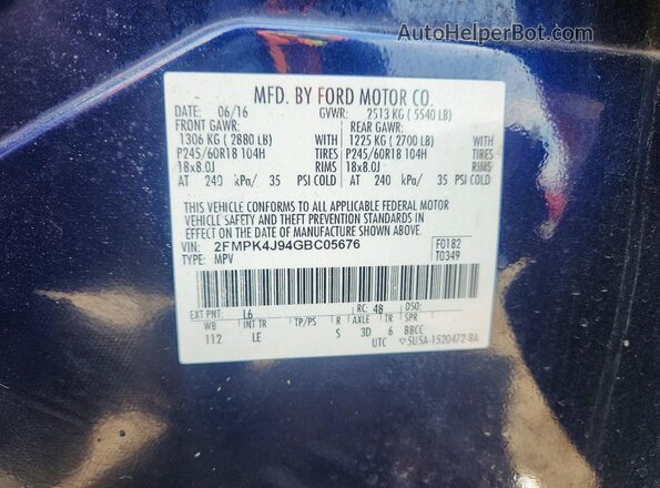 2FMPK4J94GBC05676 2016 FORD EDGE Blue Widok naklejki z numerem VIN