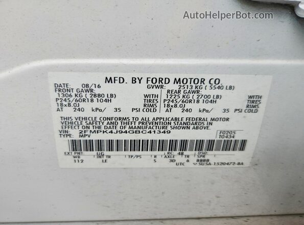 2FMPK4J94GBC41349 2016 FORD EDGE White Панорамний вид салону 360°