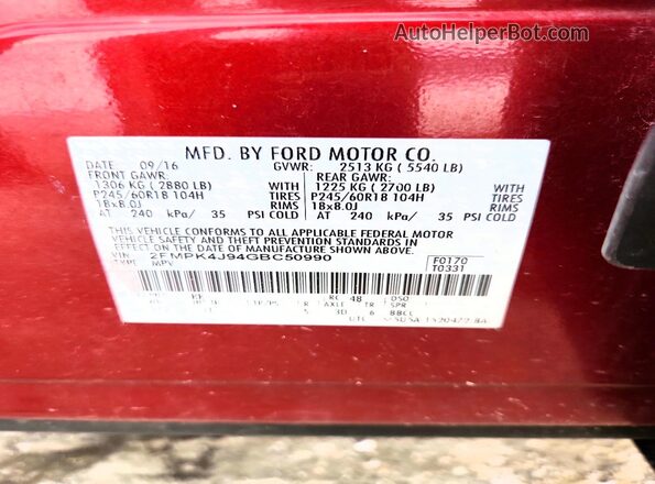 2FMPK4J94GBC50990 2016 FORD EDGE Red სალონის 360-გრადუსიანი ხედი