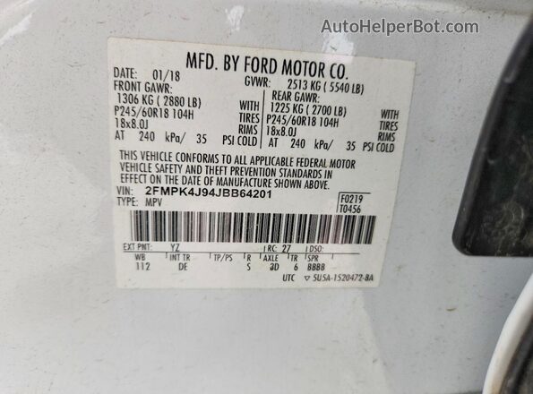 2FMPK4J94JBB64201 2018 FORD EDGE White Widok naklejki z numerem VIN
