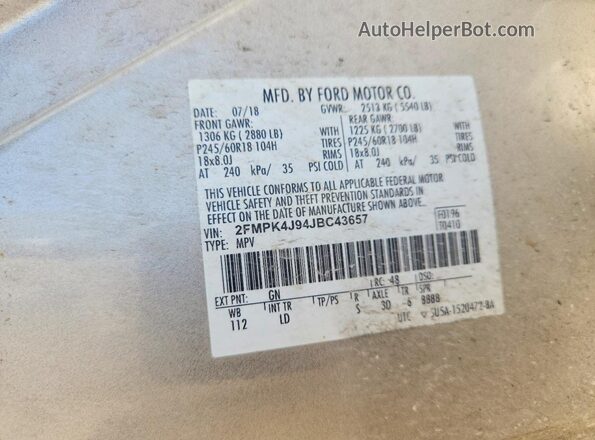 2FMPK4J94JBC43657 2018 FORD EDGE Tan VIN კოდის სტიკერის ხედი