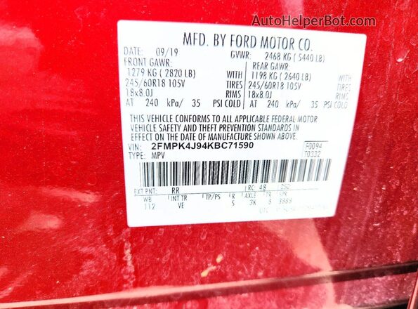 2FMPK4J94KBC71590 2019 FORD EDGE Red VIN կոդի պիտակի տեսք