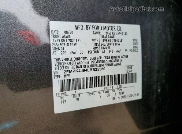 2FMPK4J94LBB25580 2020 FORD EDGE Gray VIN კოდის სტიკერის ხედი