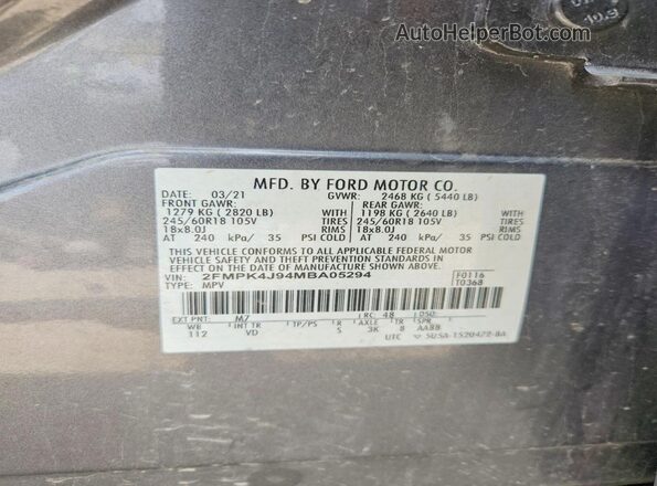2FMPK4J94MBA05294 2021 FORD EDGE Gray VIN კოდის სტიკერის ხედი