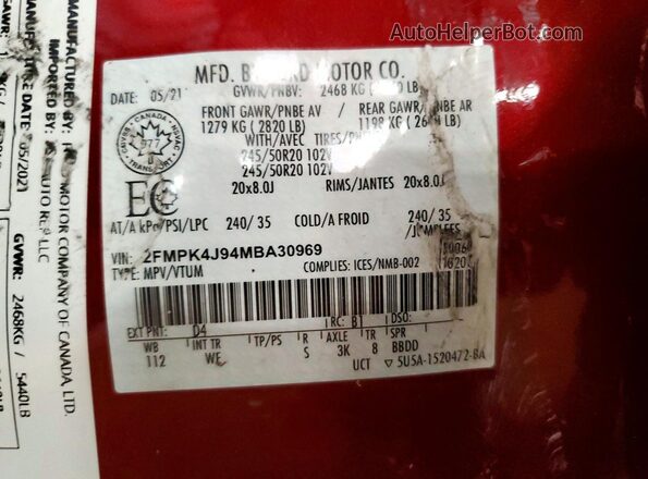 2FMPK4J94MBA30969 2021 FORD EDGE Burgundy VIN კოდის სტიკერის ხედი