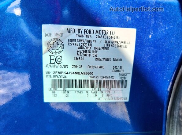2FMPK4J94MBA55600 2021 FORD EDGE Blue VIN կոդի պիտակի տեսք