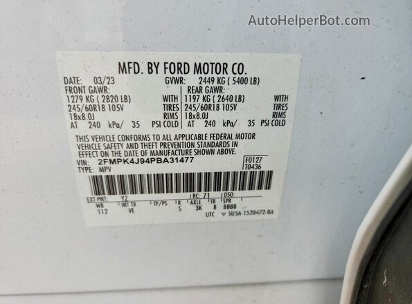 2FMPK4J94PBA31477 2023 FORD EDGE White Widok wnętrza 360 stopni