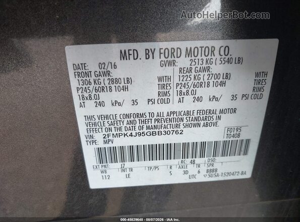 2FMPK4J95GBB30762 2016 FORD EDGE Gray Вид підкапотного простору