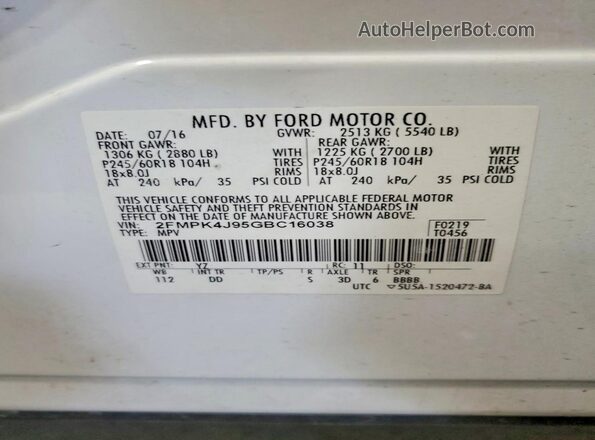 2FMPK4J95GBC16038 2016 FORD EDGE White Vista de la etiqueta del VIN