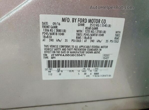 2FMPK4J95GBC55471 2016 FORD EDGE Silver Vista interior de 360 grados